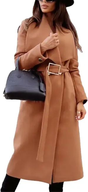 Women's Wool Blend Coat LApel and Belt Winter Jacket Midi Warm Versatile Jacket Coat