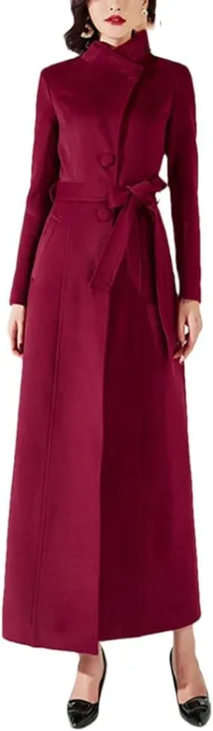 Women's Wool Blended Coat Autumn and Winter Single Breasted Stand ColLAr Long Slim Windbreaker Jacket