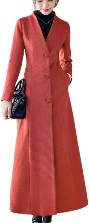 Women's Wool Blended Coat Autumn and Winter V-neck Single-breasted Slim Fit Warm Jacket