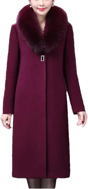 Women's Wool Blended Coat Winter LArge Fur ColLAr Mid-Length Casual Warm Windbreaker Jacket