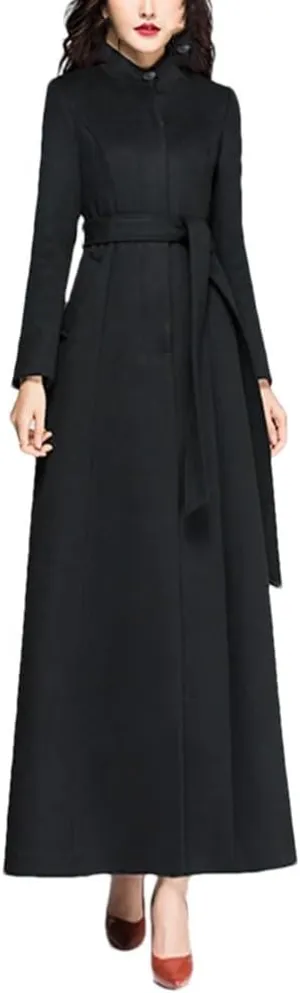 Women's Wool Blended Long Coat Stand ColLAr Belted Slim Winter Warm Windbreaker Jacket