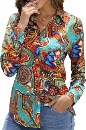 Wrinkle-Resistant Women Silky Button Down Shirts 2025 Fashion Printed Long Sleeve Blouse Dressy Casual Tops