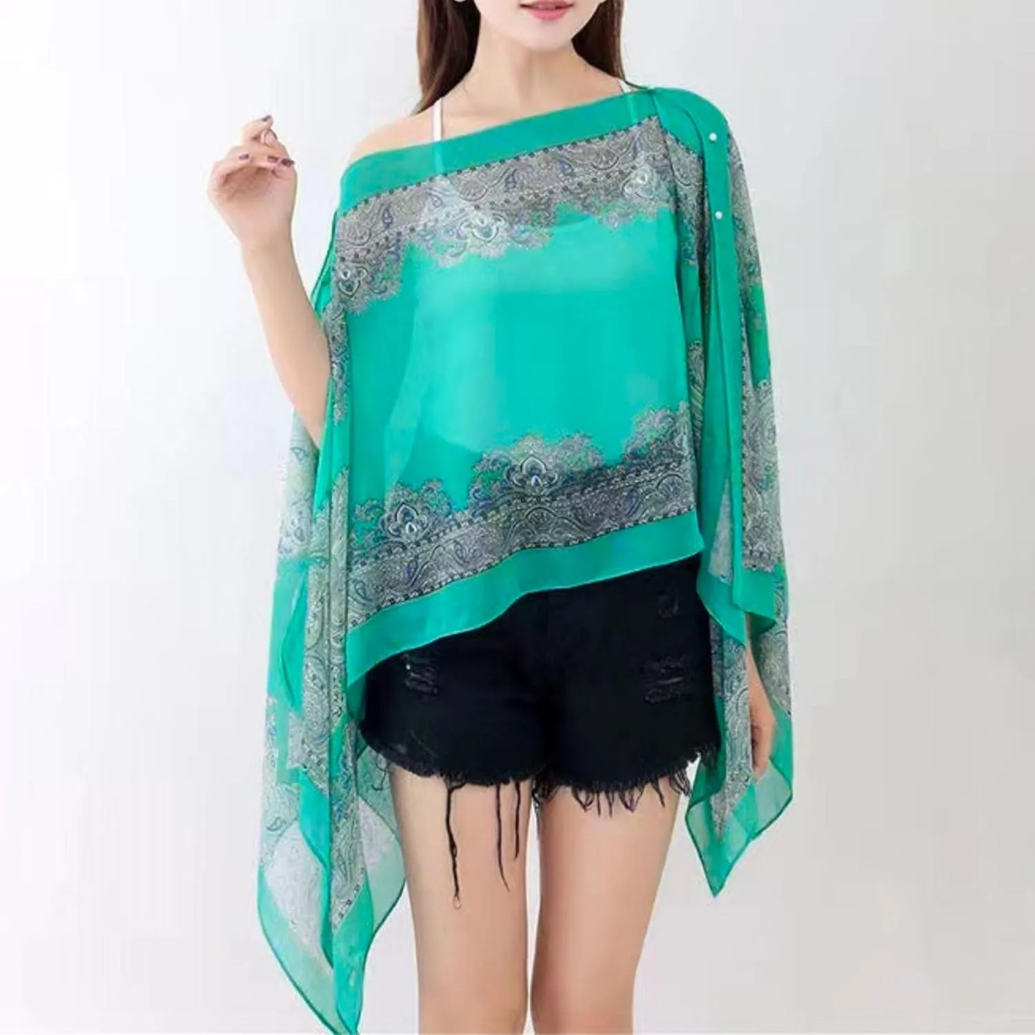 Xunger Women's Floral Ice Silk Cooling Sunproof Shawl UV Blocking Lightweight Multi-Way Wrap Beach Cover-Up Chiffon Scarf