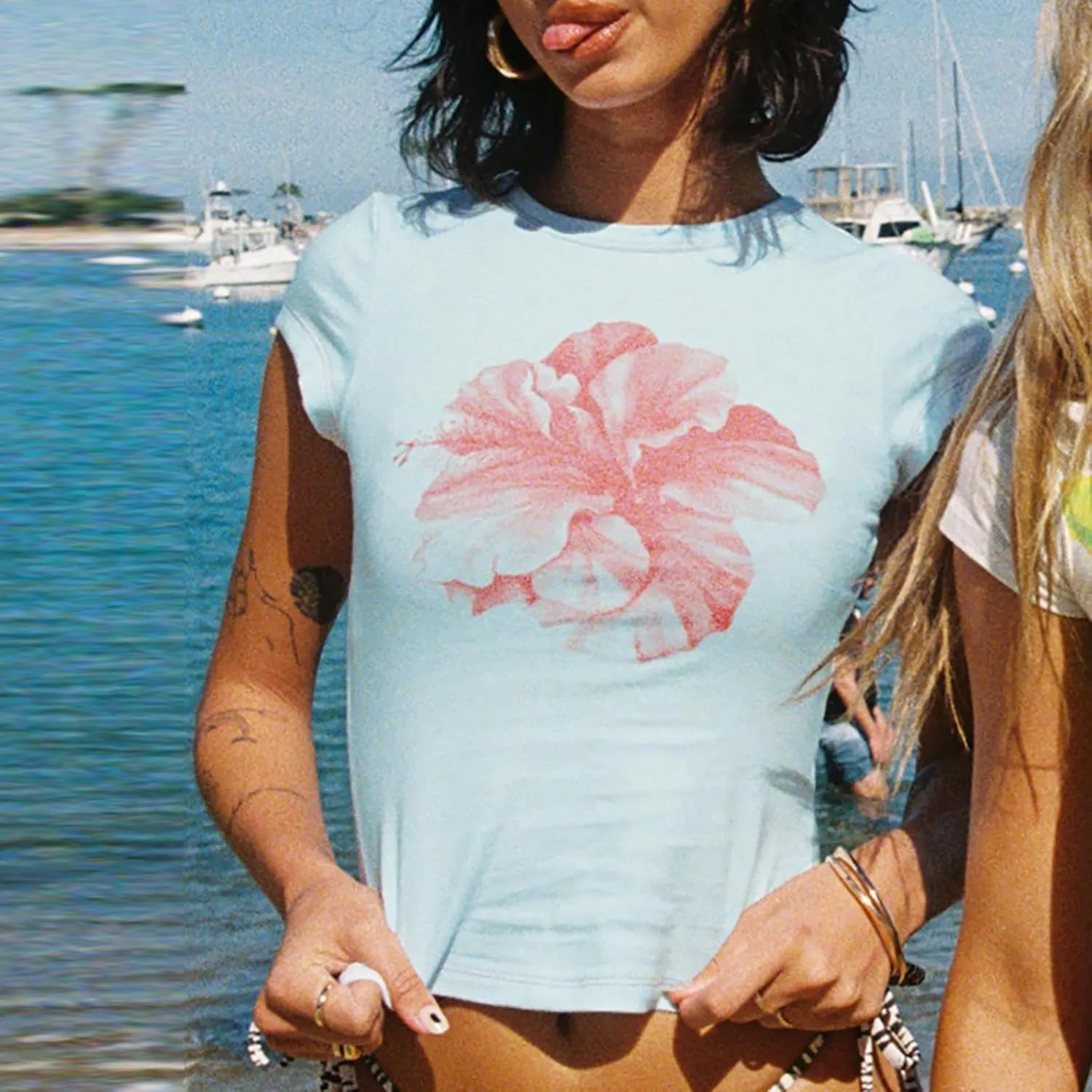 Y2k Baby Tee Short Sleeve Graphic Crop Top Women Teen Girl Floral Cute Crew Neck Slim Fit Vintage Cropped Shirts