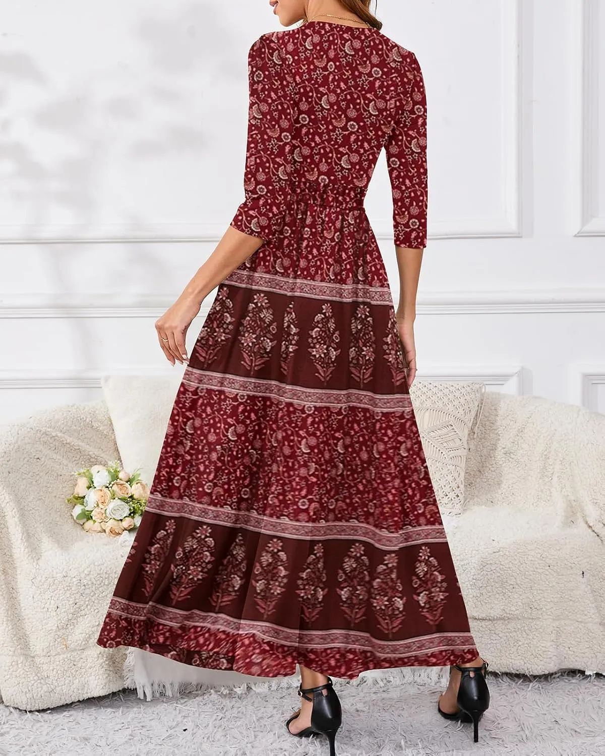 Yajedo Womens Casual Summer Maxi Dress Plus Size Sexy Warp V Neck 3/4 Sleeve Sundress with Poctets