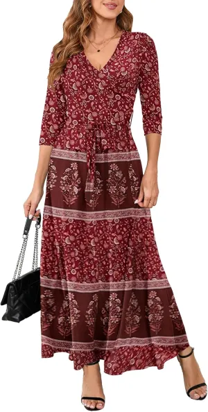 Yajedo Womens Casual Summer Maxi Dress Plus Size Sexy Warp V Neck 3/4 Sleeve Sundress with Poctets
