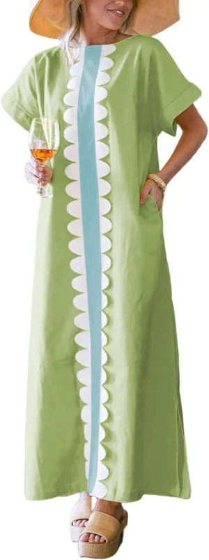Yidarer Women's T-Shirt Maxi Dress Crew Neck Oversized Color Block Side Split Long Sundress with Pockets