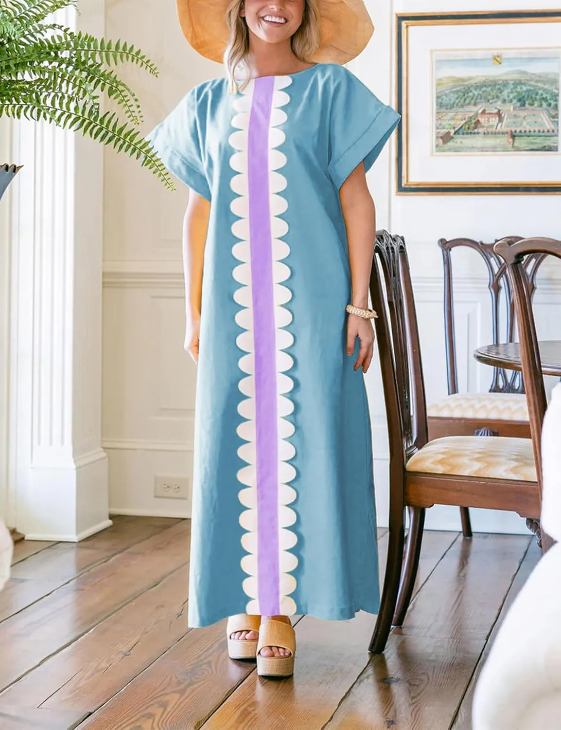 Yidarer Women's T-Shirt Maxi Dress Crew Neck Oversized Color Block Side Split Long Sundress with Pockets