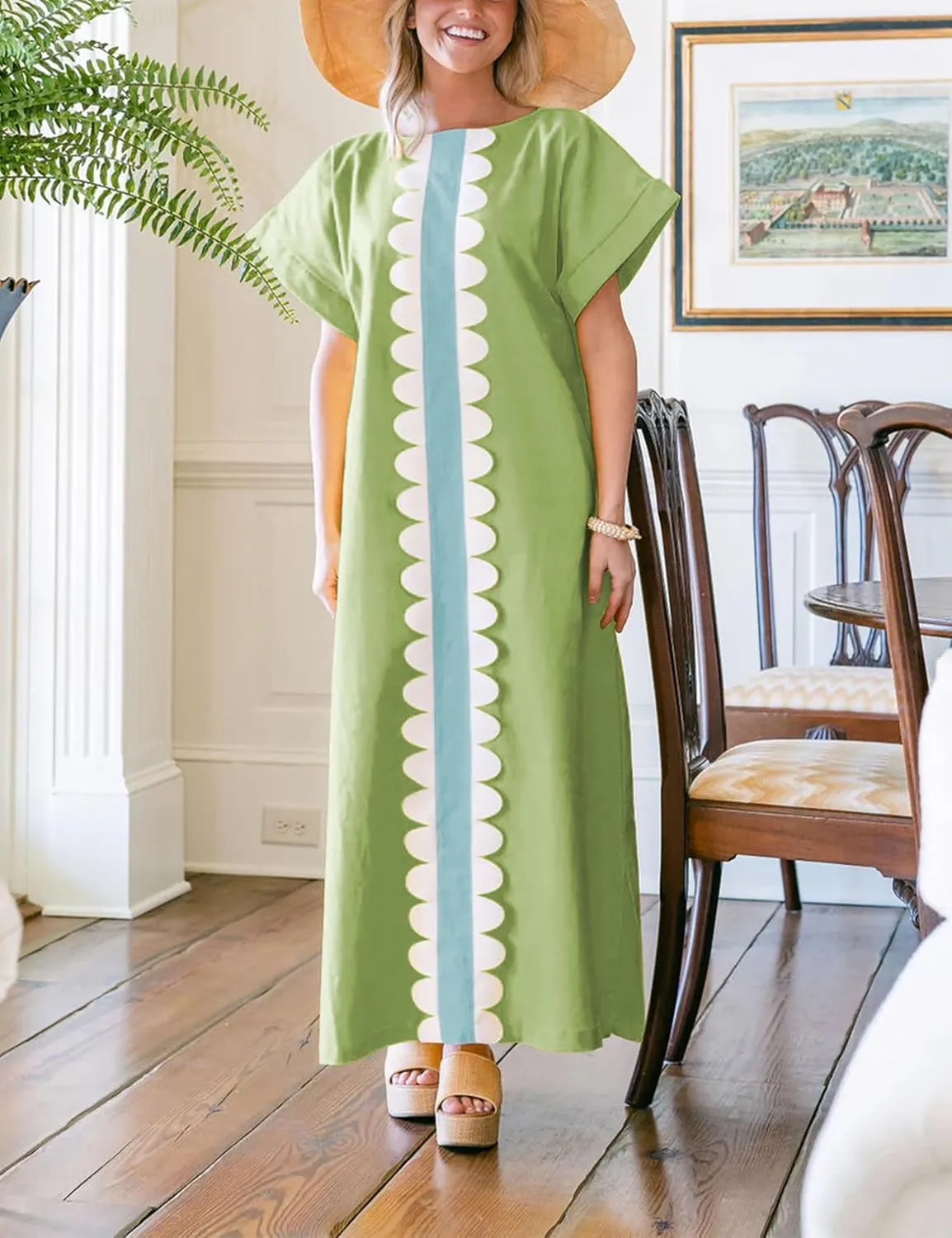 Yidarer Women's T-Shirt Maxi Dress Crew Neck Oversized Color Block Side Split Long Sundress with Pockets