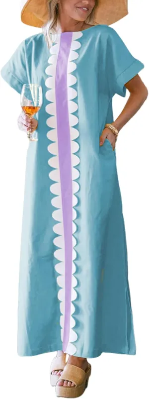 Yidarer Women's T-Shirt Maxi Dress Crew Neck Oversized Color Block Side Split Long Sundress with Pockets