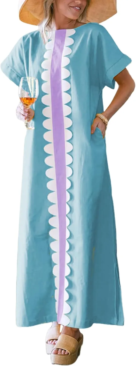 Yidarer Women's T-Shirt Maxi Dress Crew Neck Oversized Color Block Side Split Long Sundress with Pockets