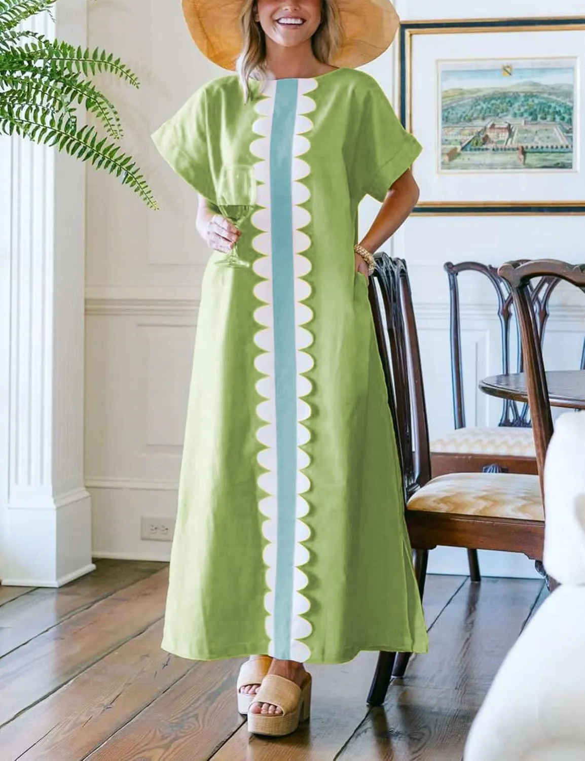 Yidarer Women's T-Shirt Maxi Dress Crew Neck Oversized Color Block Side Split Long Sundress with Pockets