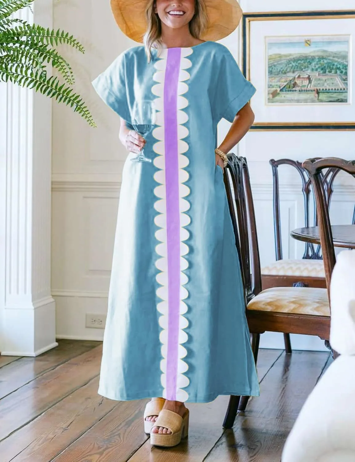 Yidarer Women's T-Shirt Maxi Dress Crew Neck Oversized Color Block Side Split Long Sundress with Pockets