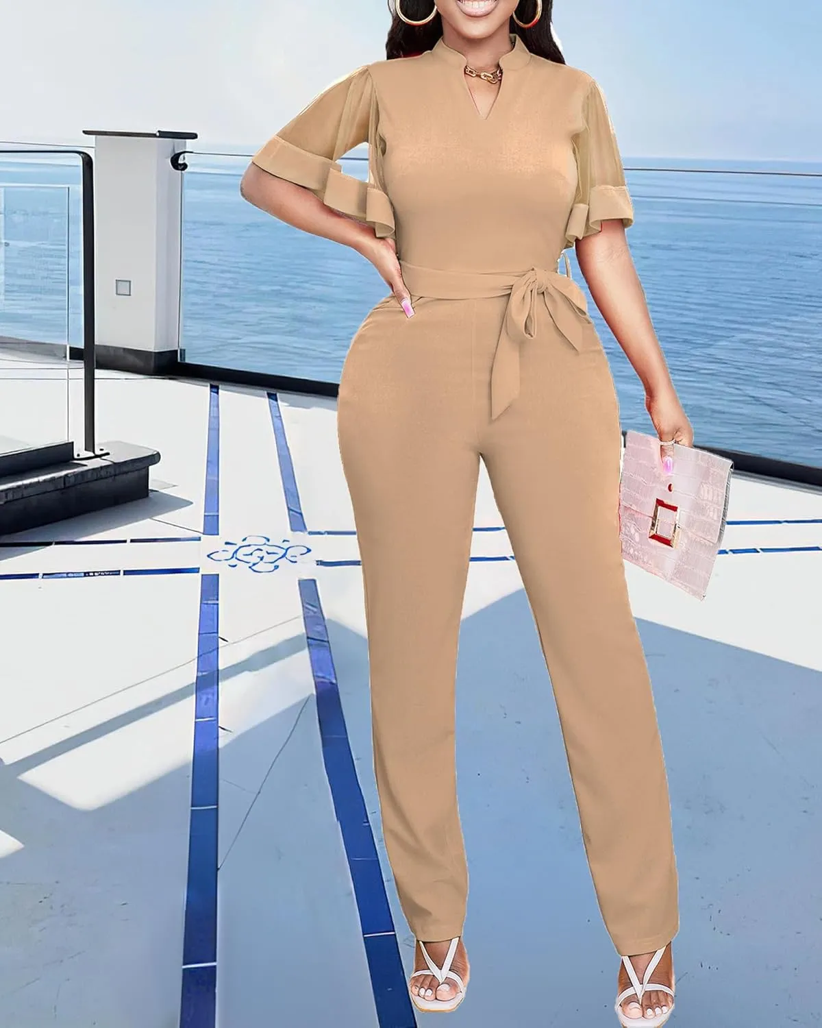 Yiershu Women's Jumpsuits Casual Dressy One Piece Outfits V Neck Formal Short Sleeve Mesh Ruffle Sleeve Romper