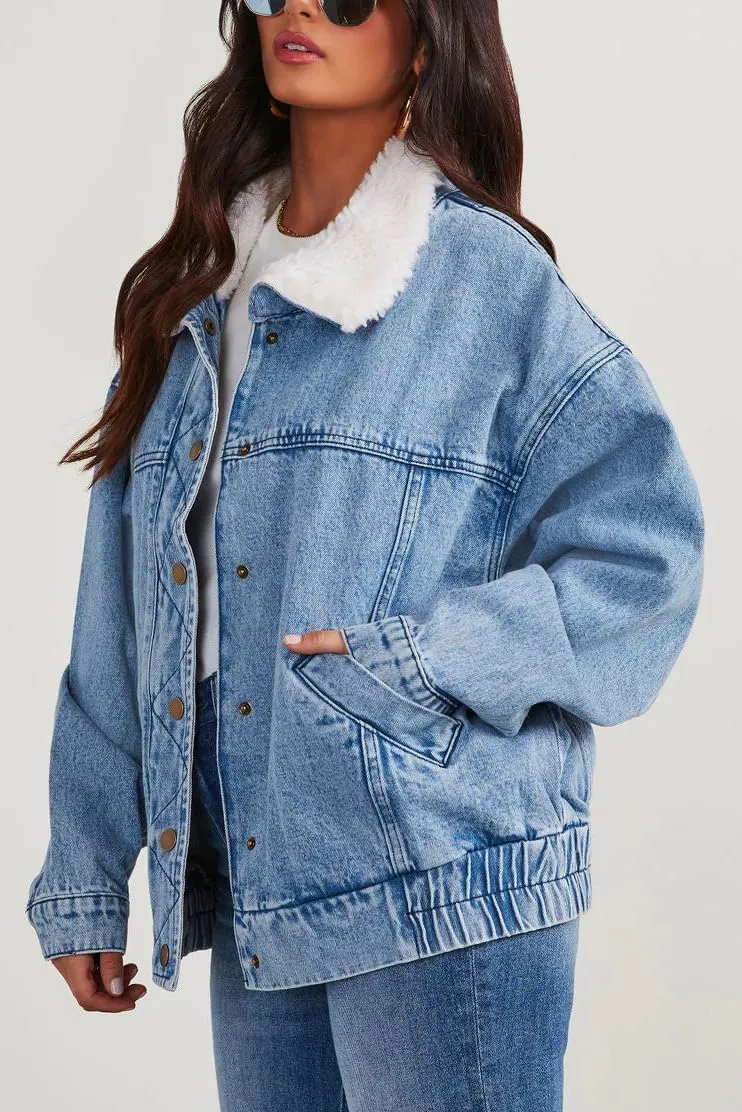 yoeasy Womens Oversized Denim Jacket Warm Sherpa Collar Button Down Boyfriend Distressed Casual Trucker Jean Coat