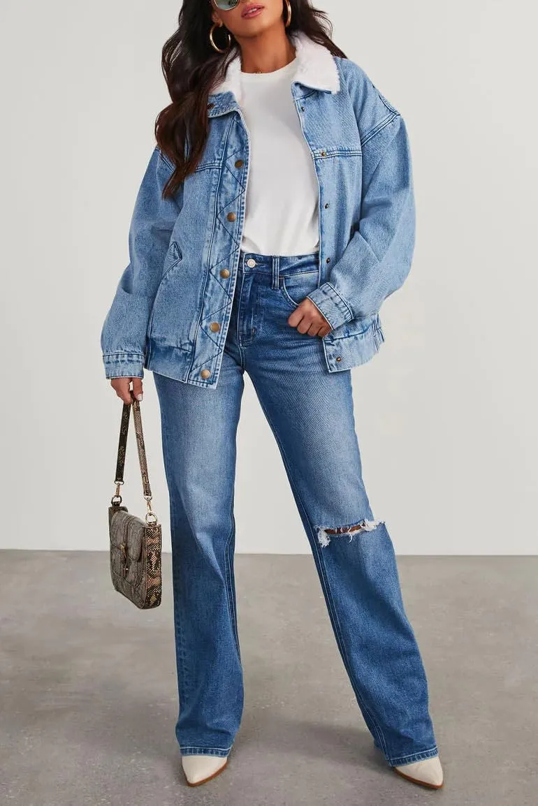 yoeasy Womens Oversized Denim Jacket Warm Sherpa Collar Button Down Boyfriend Distressed Casual Trucker Jean Coat