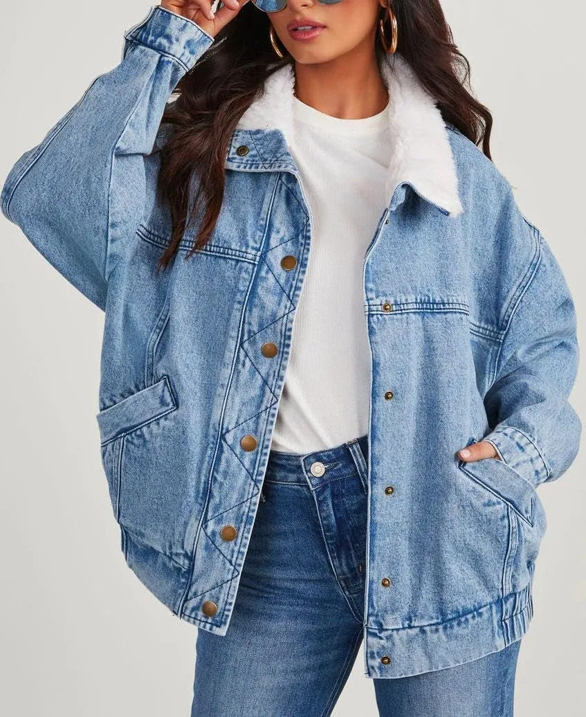 yoeasy Womens Oversized Denim Jacket Warm Sherpa Collar Button Down Boyfriend Distressed Casual Trucker Jean Coat