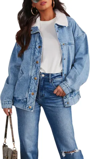 yoeasy Womens Oversized Denim Jacket Warm Sherpa Collar Button Down Boyfriend Distressed Casual Trucker Jean Coat