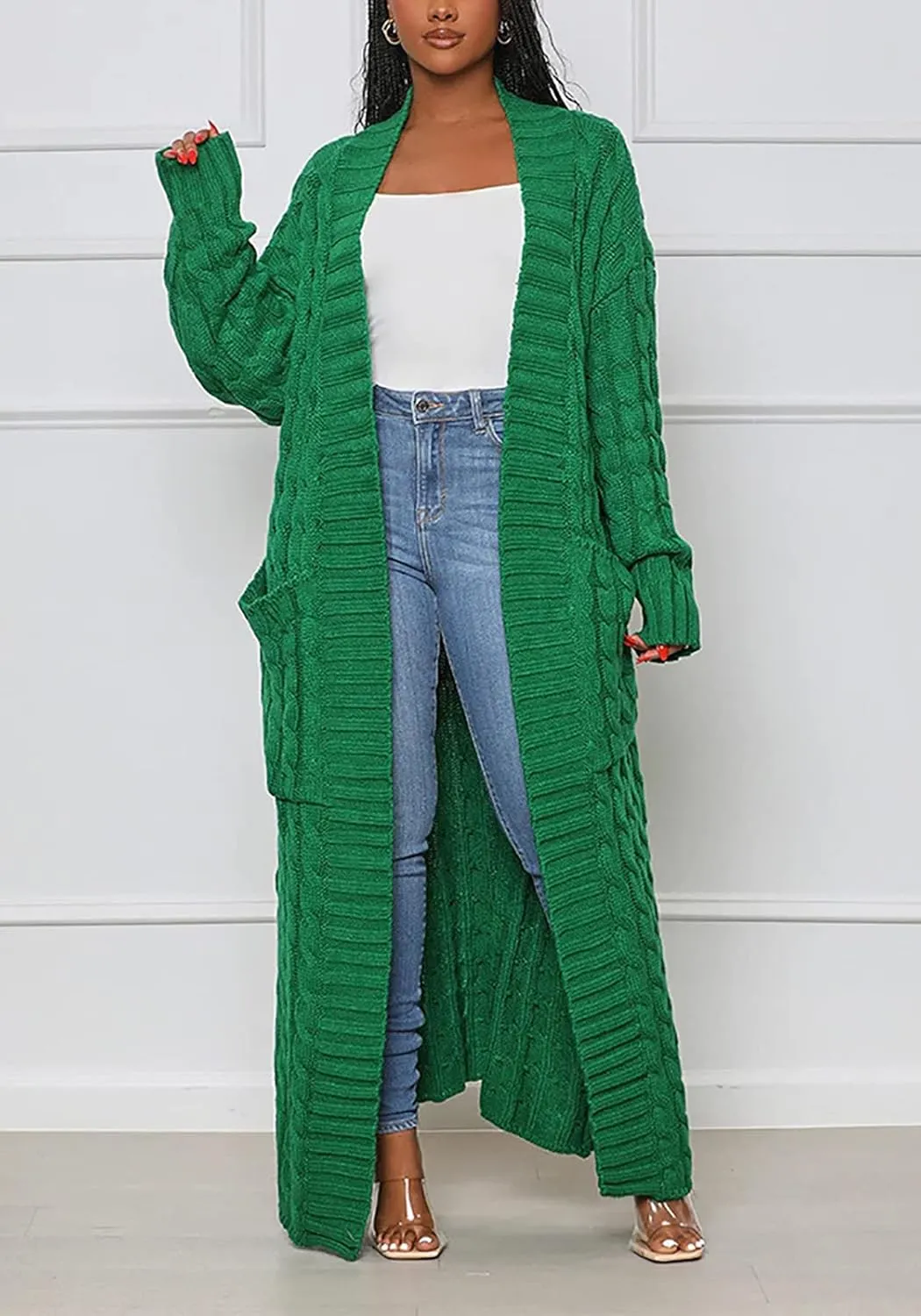 YOOTIKO Long Cardigan Sweaters for Women Loose Floor Length Cable Knit Open Front Chunky Oversize Sweater with Pockets
