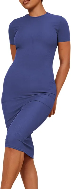 YouSexy Women's Summer Short Sleeve Ribbed Casual Dresses Crew Neck Bodycon Midi Dress