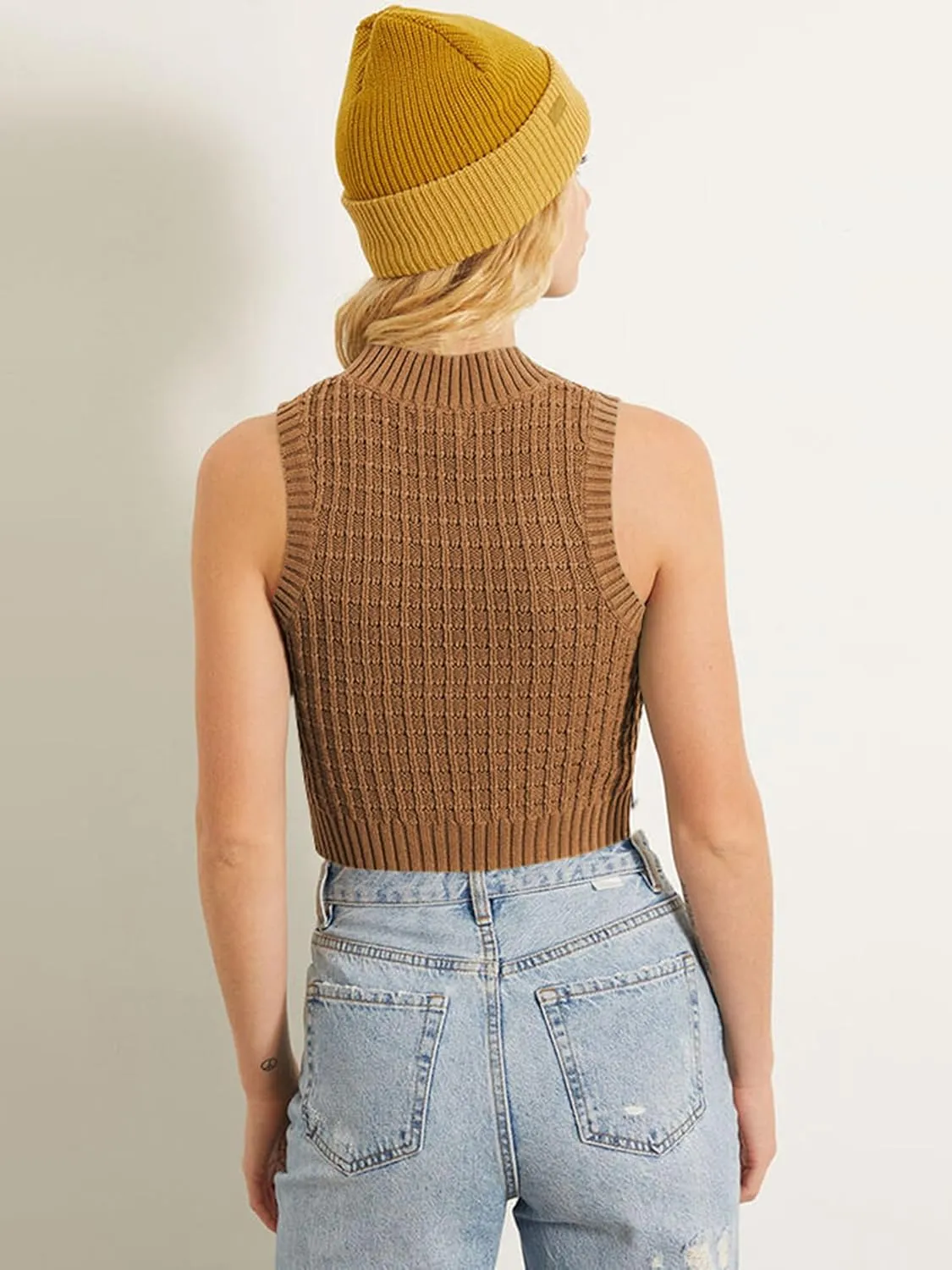 ZAFUL Women's Mock Neck Sleeveless Crop Top Knit Sweater Vest Casual Ribbed Slim Pullover Tank Tops