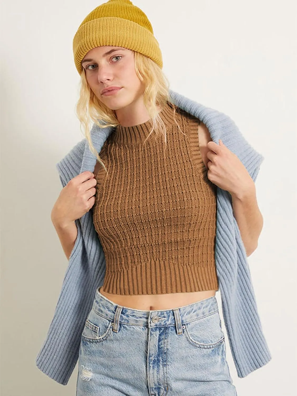 ZAFUL Women's Mock Neck Sleeveless Crop Top Knit Sweater Vest Casual Ribbed Slim Pullover Tank Tops