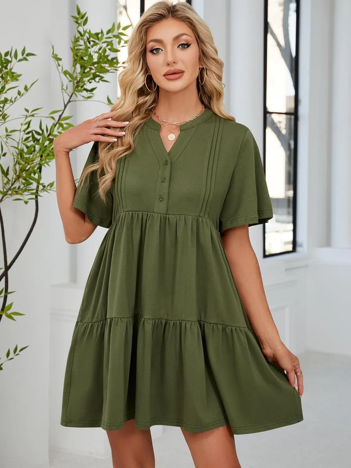 ZAFUL Womens Summer Dress 2025 Short Seeve V Neck Casual Beach Aline Tiered Mini Dress with Pockets