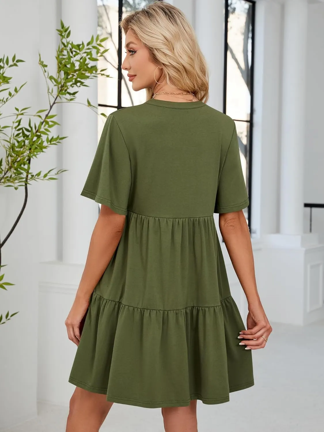ZAFUL Womens Summer Dress 2025 Short Seeve V Neck Casual Beach Aline Tiered Mini Dress with Pockets