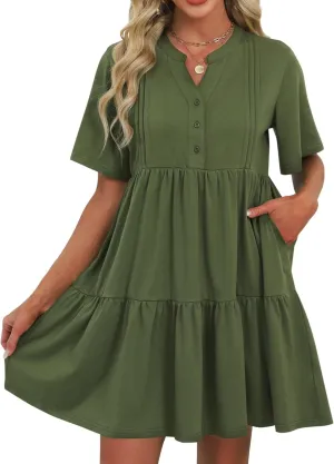 ZAFUL Womens Summer Dress 2025 Short Seeve V Neck Casual Beach Aline Tiered Mini Dress with Pockets