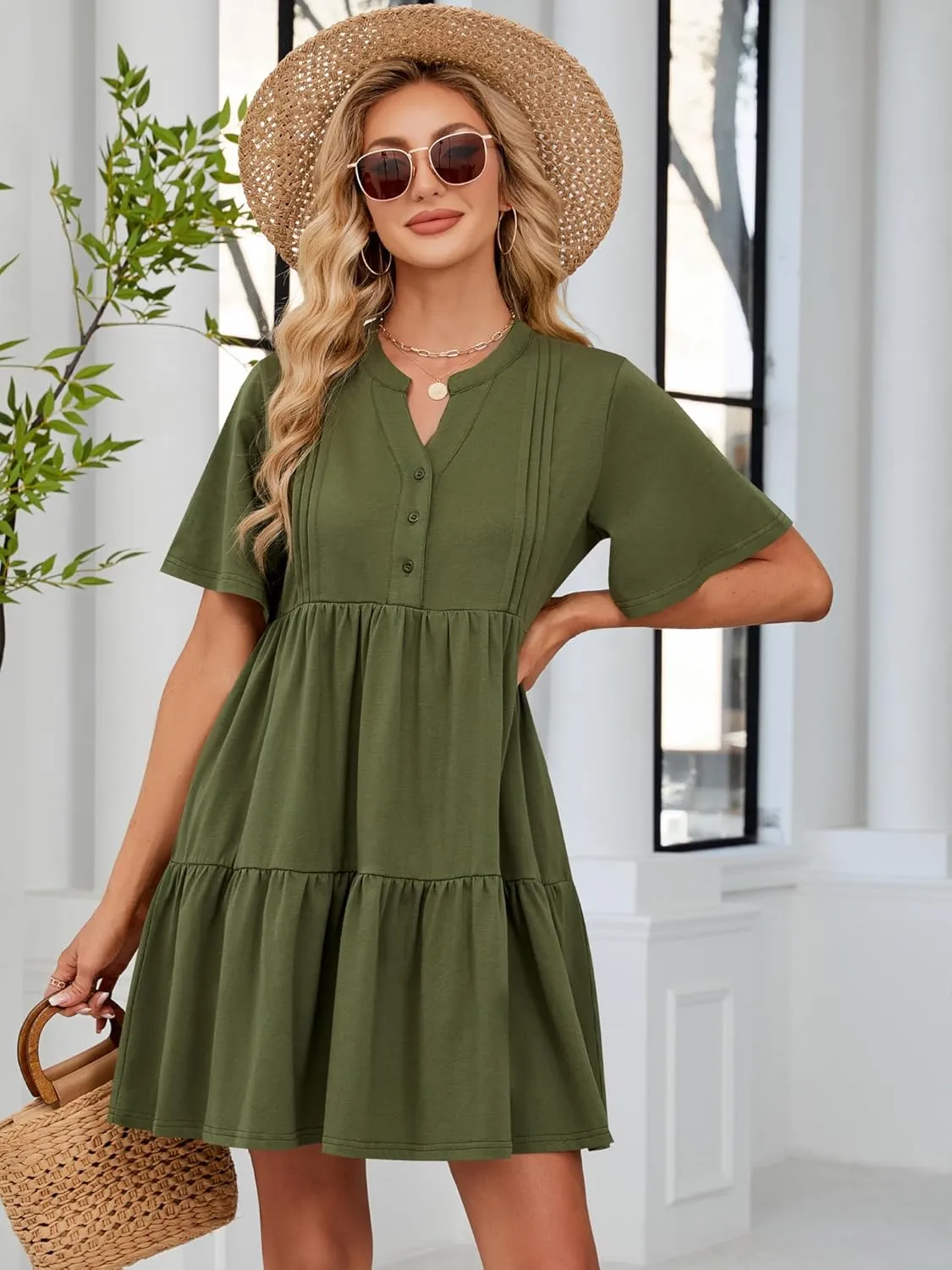 ZAFUL Womens Summer Dress 2025 Short Seeve V Neck Casual Beach Aline Tiered Mini Dress with Pockets
