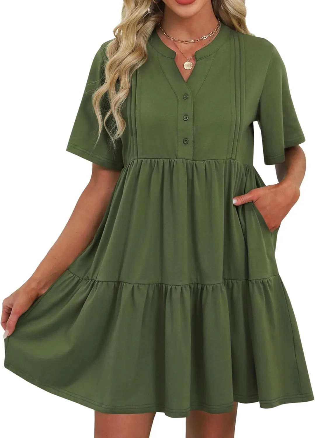 ZAFUL Womens Summer Dress 2025 Short Seeve V Neck Casual Beach Aline Tiered Mini Dress with Pockets
