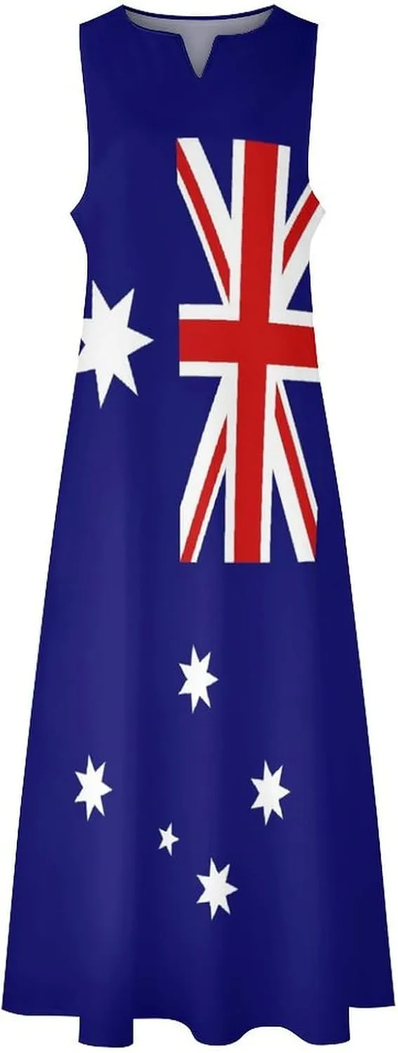 Zakqeik Australian Flag Summer Women's Sleeveless Long Dress Slim Fit Sleeveless Ankle Dresses