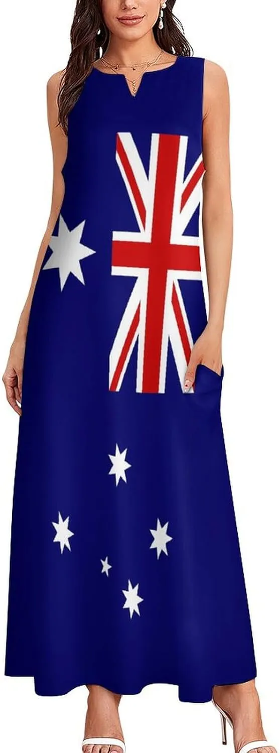 Zakqeik Australian Flag Summer Women's Sleeveless Long Dress Slim Fit Sleeveless Ankle Dresses
