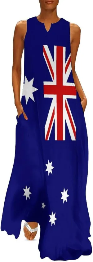 Zakqeik Australian Flag Summer Women's Sleeveless Long Dress Slim Fit Sleeveless Ankle Dresses