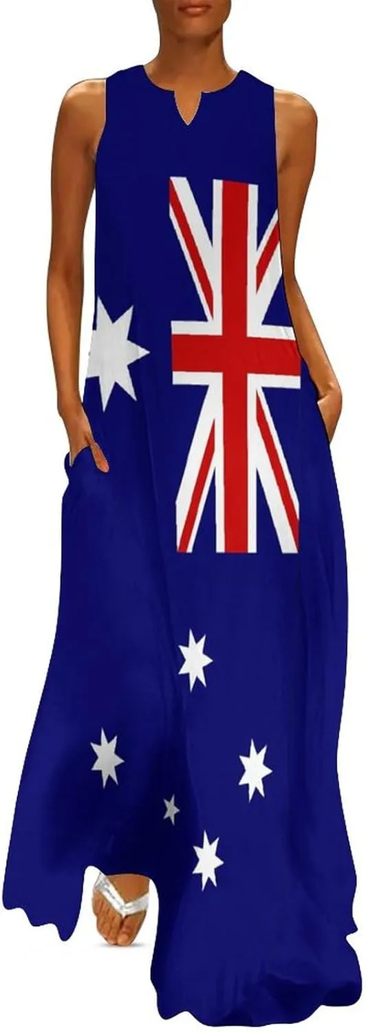 Zakqeik Australian Flag Summer Women's Sleeveless Long Dress Slim Fit Sleeveless Ankle Dresses