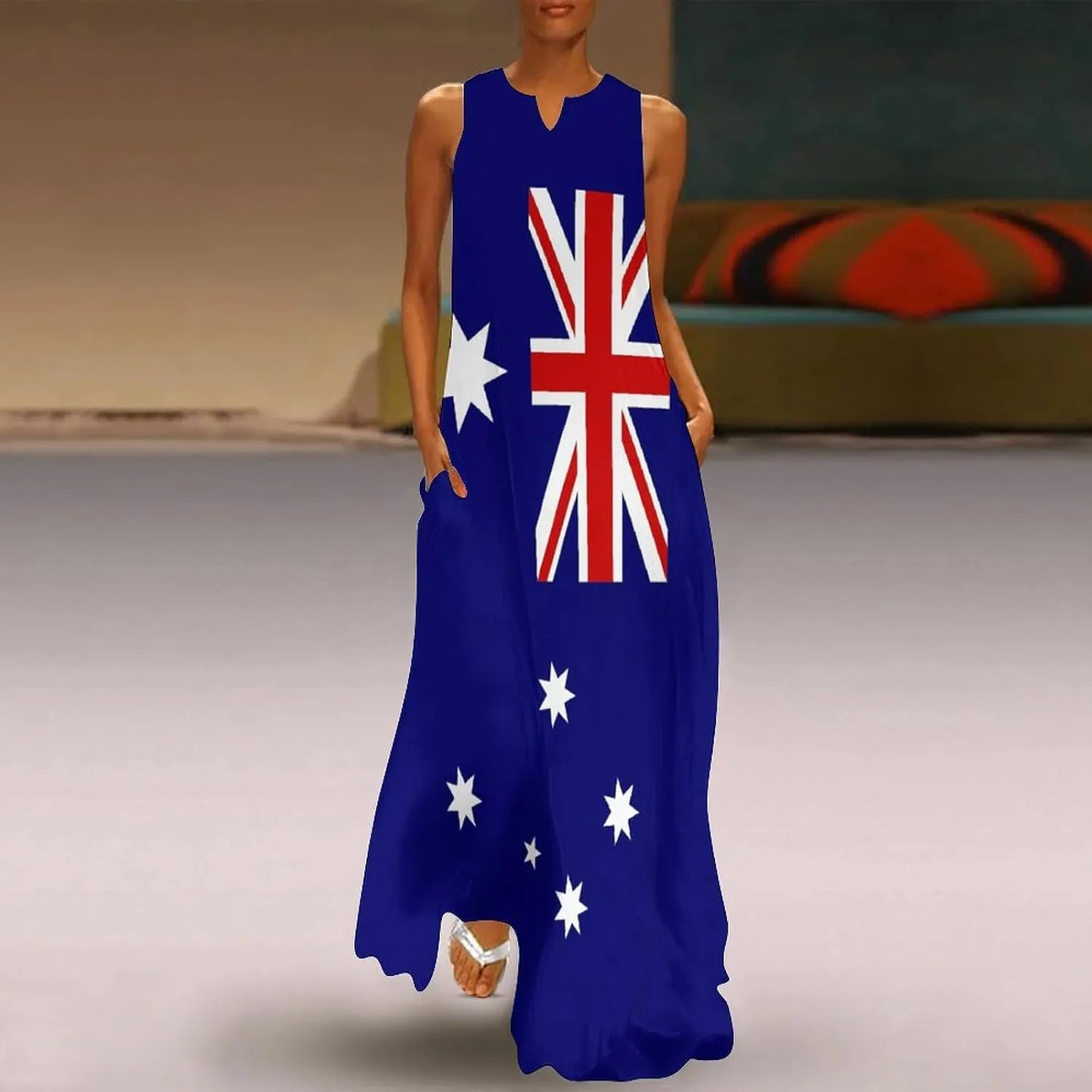 Zakqeik Australian Flag Summer Women's Sleeveless Long Dress Slim Fit Sleeveless Ankle Dresses