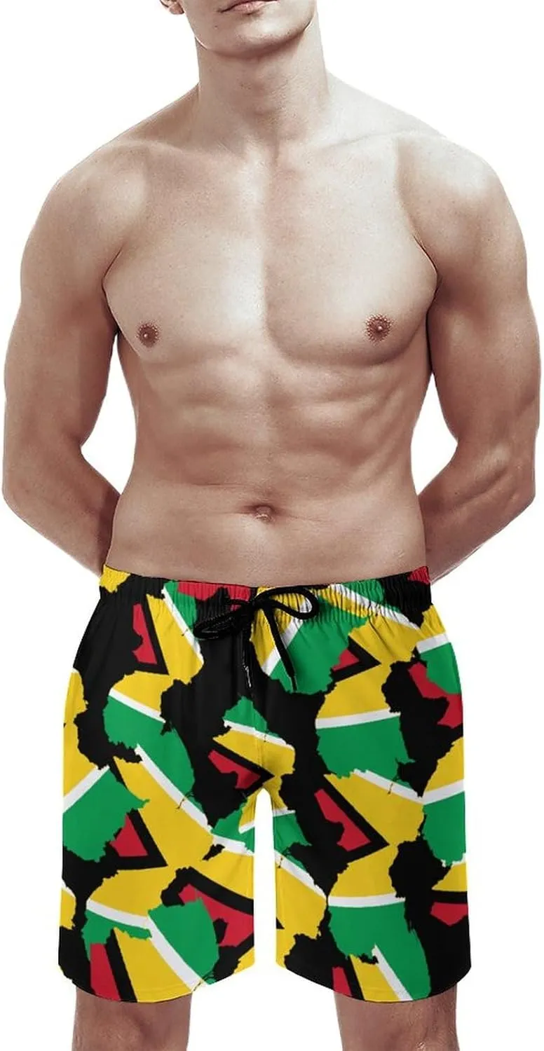 Zakqeik Men's Summer Guyana Flag Map Swim Trunks Quick Dry Surf Boardshorts Bathing Suit Shorts with Pockets