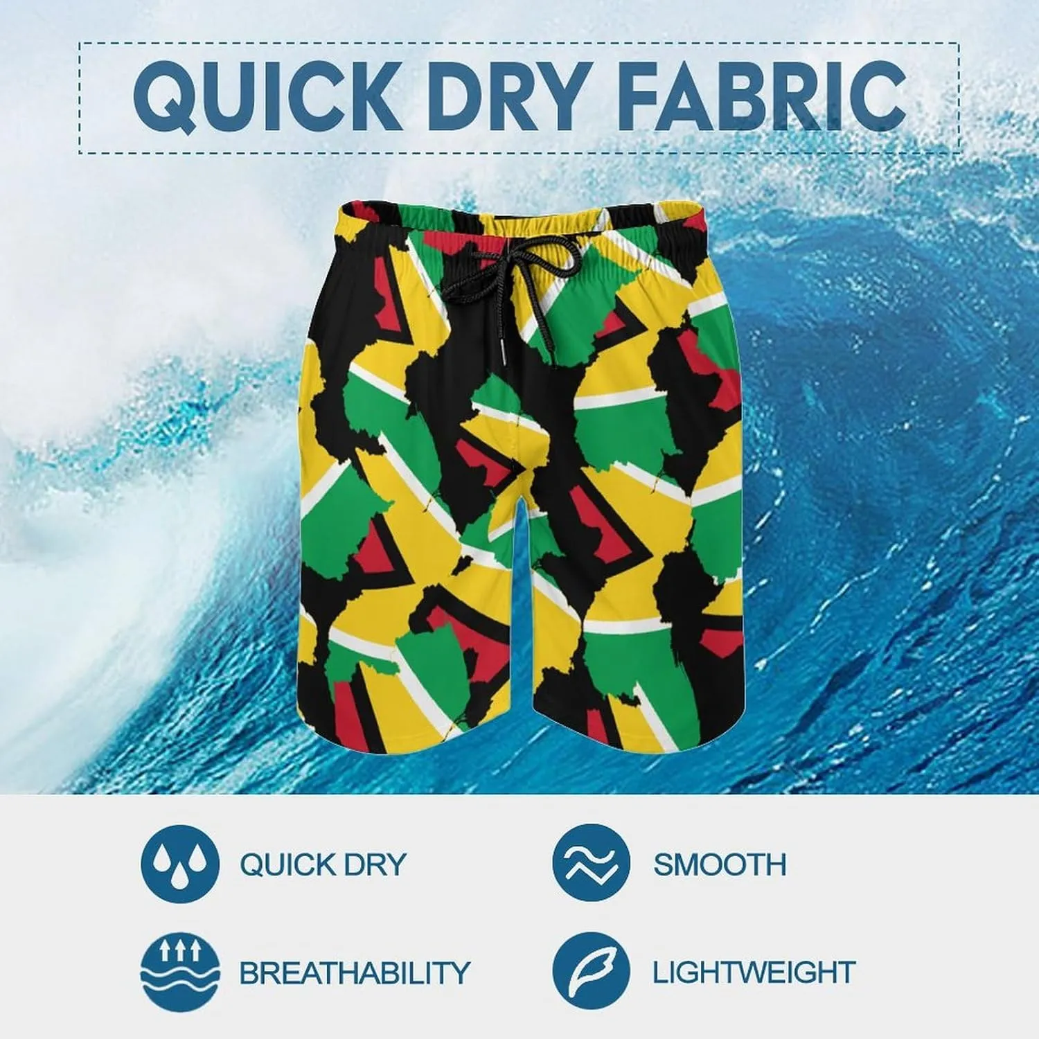 Zakqeik Men's Summer Guyana Flag Map Swim Trunks Quick Dry Surf Boardshorts Bathing Suit Shorts with Pockets