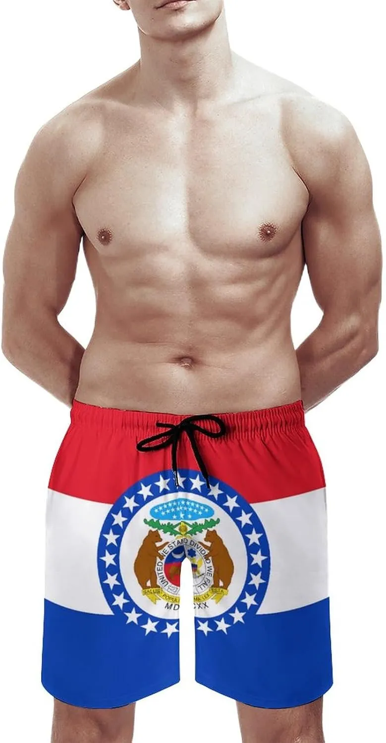 Zakqeik Men's Summer Missouri State Flag Swim Trunks Quick Dry Surf Boardshorts Bathing Suit Shorts with Pockets