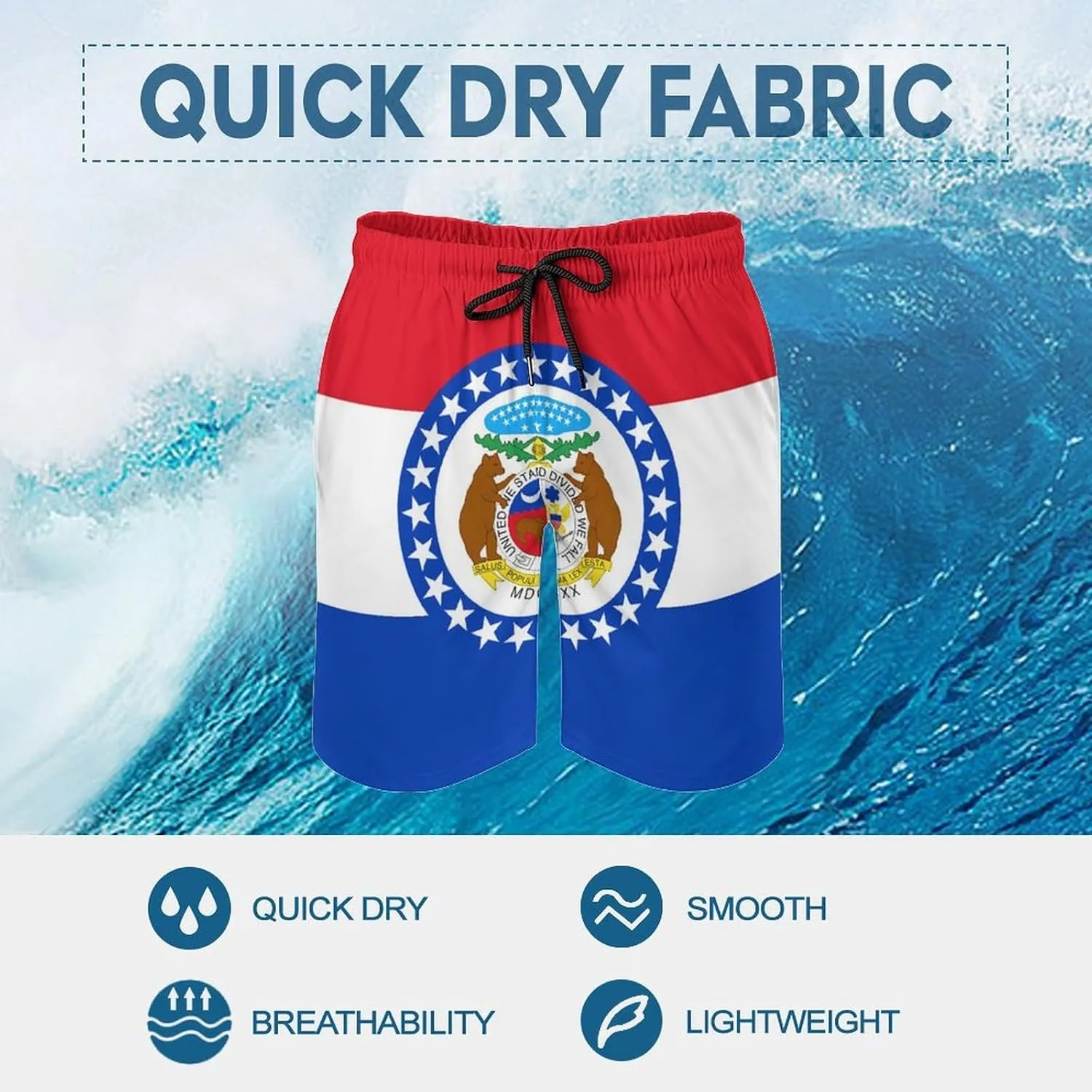 Zakqeik Men's Summer Missouri State Flag Swim Trunks Quick Dry Surf Boardshorts Bathing Suit Shorts with Pockets