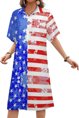 Zakqeik Mexican Flag Womens Button Down Shirt Dress Summer Casual Short Sleeve Shift Dresses with Pockets