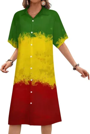 Zakqeik Women's Honduras Flag Shirt Dress Collar V-Neck Button Down Loose Short Sleeve Long Dresses