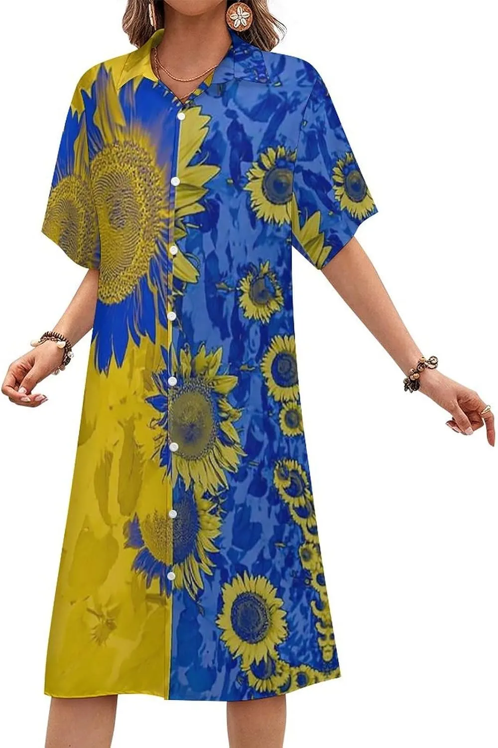 Zakqeik Women's Ukraine Flag Flower Shirt Dress Collar V-Neck Button Down Loose Long Dresses