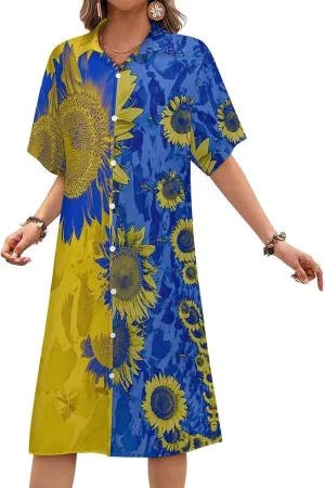 Zakqeik Women's Ukraine Flag Flower Shirt Dress Collar V-Neck Button Down Loose Long Dresses