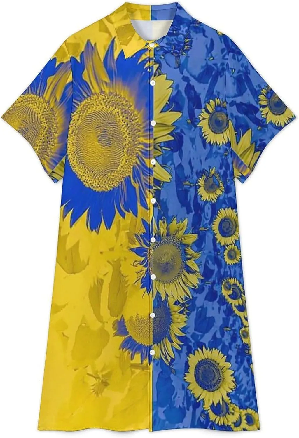 Zakqeik Women's Ukraine Flag Flower Shirt Dress Collar V-Neck Button Down Loose Long Dresses