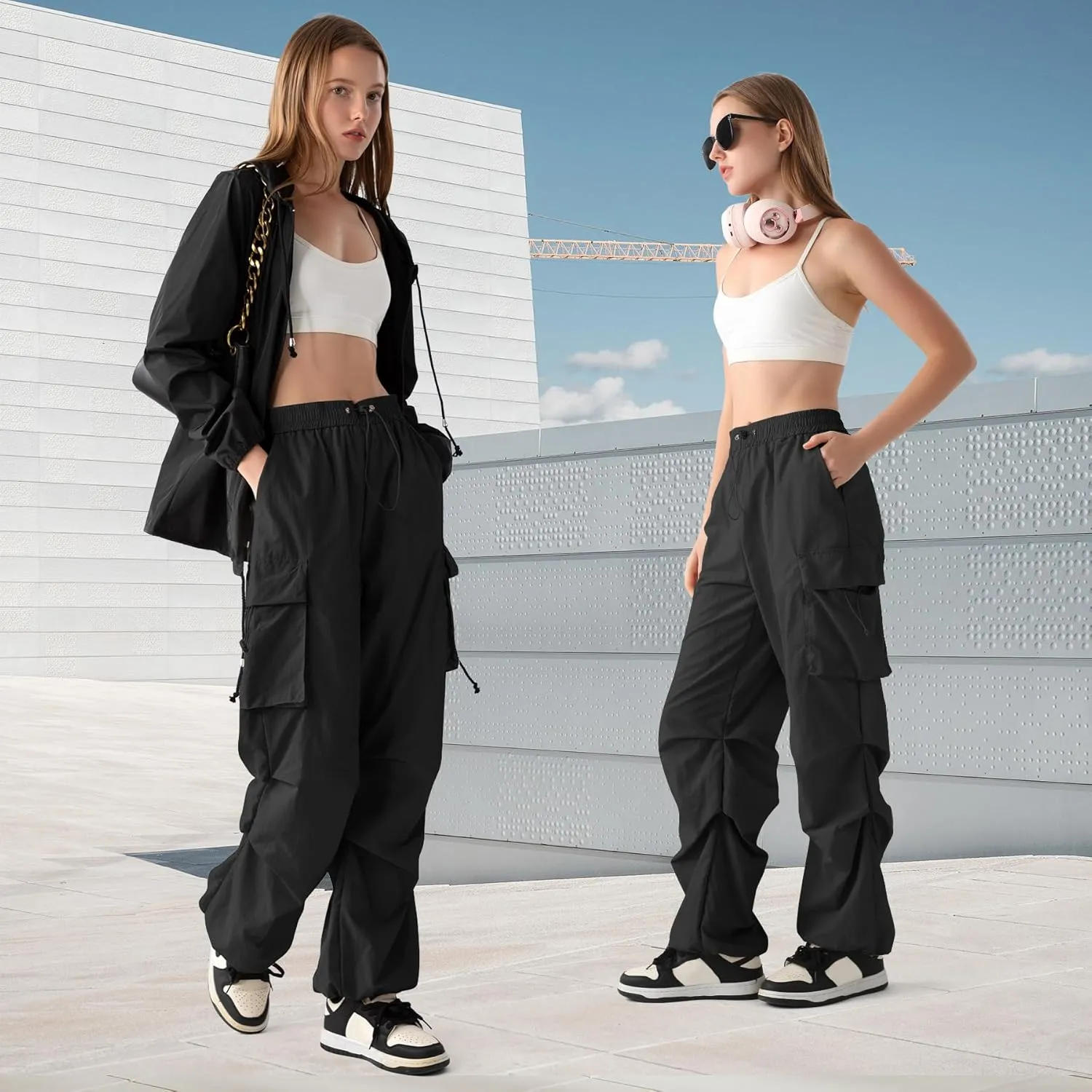 Zando Baggy Cargo Parachute Pants Women High Waisted Wide Leg Waterproof Windbreaker Hiking Pants for Women