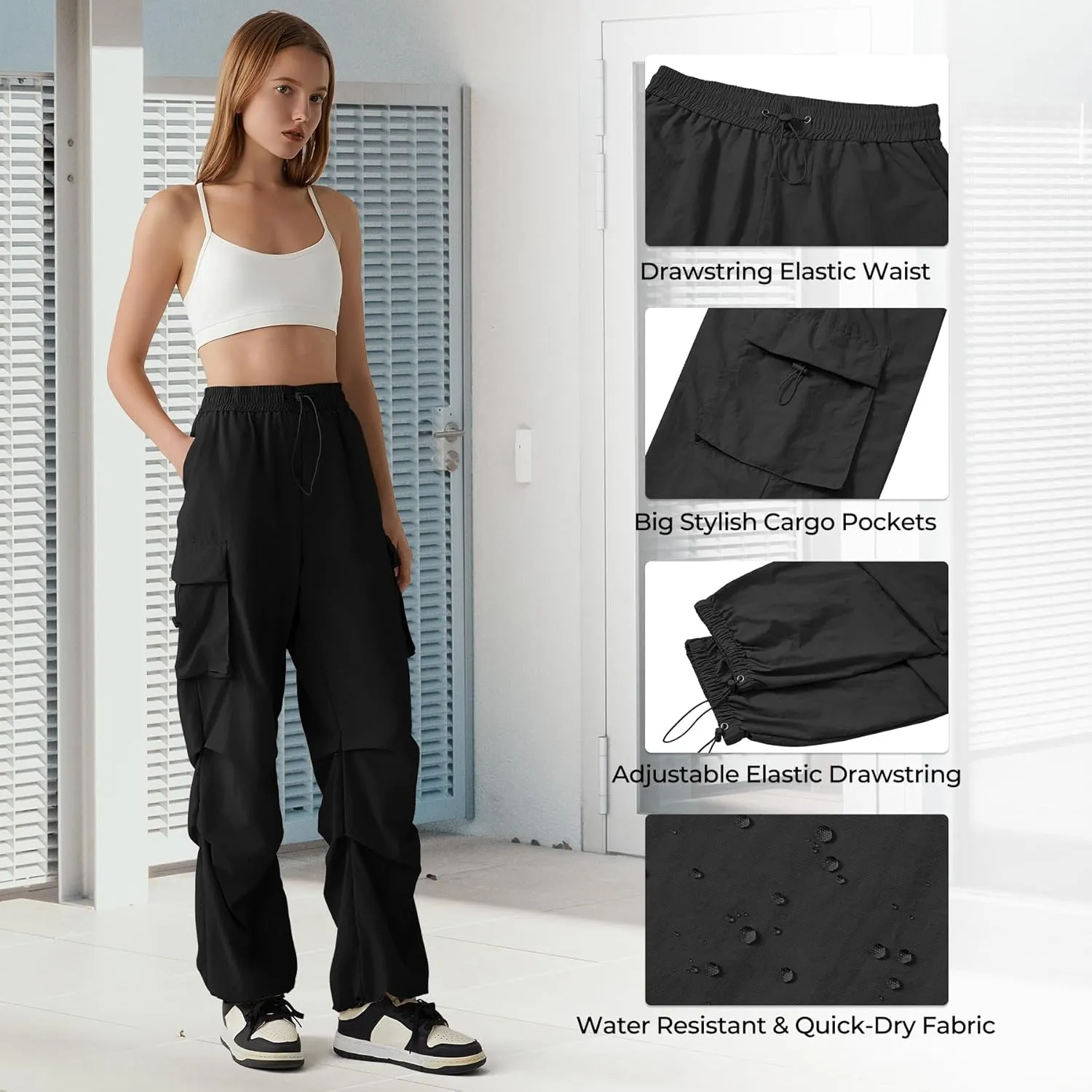 Zando Baggy Cargo Parachute Pants Women High Waisted Wide Leg Waterproof Windbreaker Hiking Pants for Women