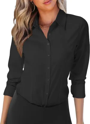 Zeagoo Womens Button Down Shirts Long Sleeve V Neck Tops Wrinkle Free Collared Work Office Solid Blouses Corset Tops