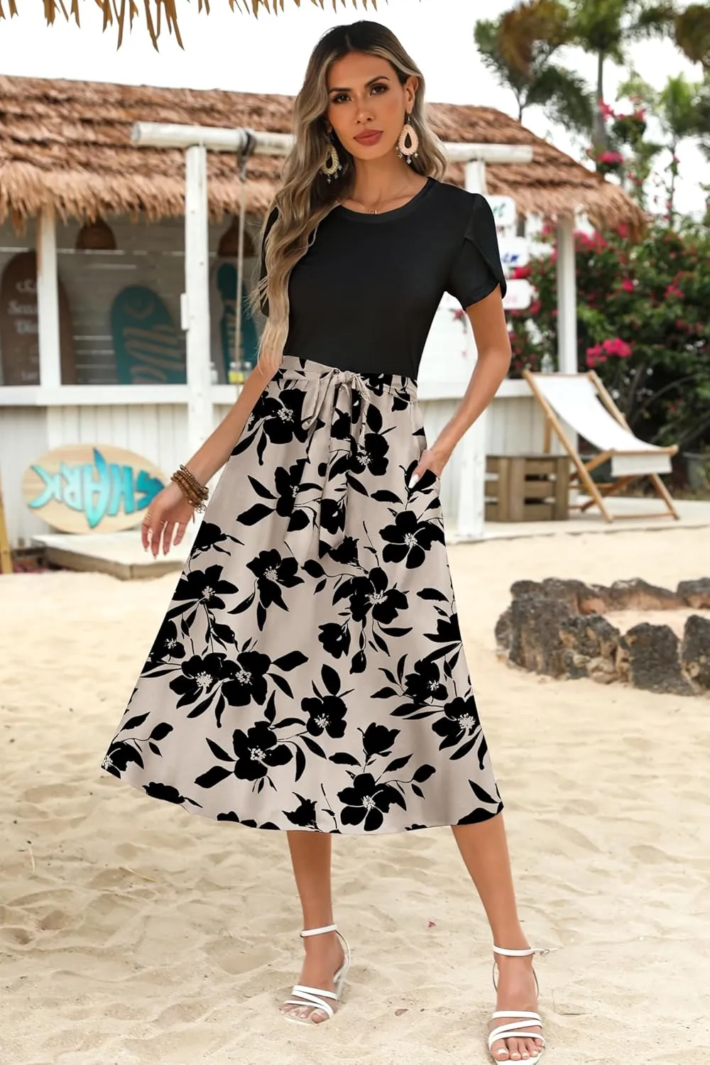 Zeagoo Womens Midi Dress Summer Short Sleeve Dress with Pockets 2025 Casual Floral T-Shirt Dress Flowy Beach Sundress
