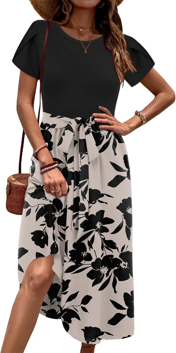 Zeagoo Womens Midi Dress Summer Short Sleeve Dress with Pockets 2025 Casual Floral T-Shirt Dress Flowy Beach Sundress